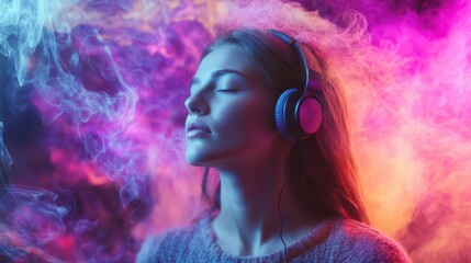Young woman listening to music surrounded by abstract background and colorful wavy smoke. Music party promotional video. Colorful dynamic sound waves and abstract digital light effects 