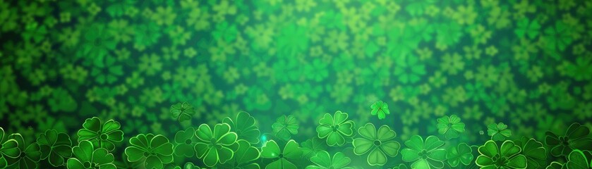 Green Patricks Day greeting banner with green clovers. Patrick's Day holiday design. Horizontal background, headers, posters, cards, website. Vector illustration. MZ 