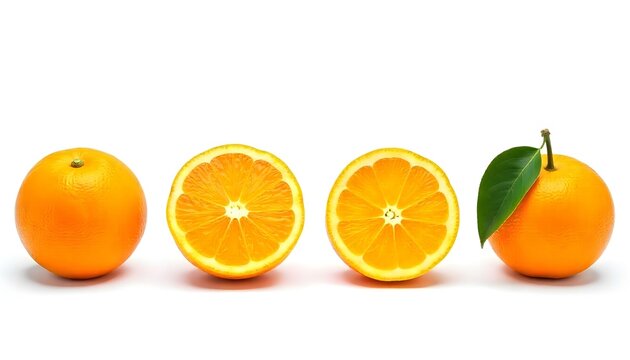 Una fotograf&iacute;a de naturaleza muerta muestra cuatro naranjas de diferentes formas sobre un fondo completamente blanco. De izquierda a derecha, hay una naranja entera, una naranja partida por la mitad