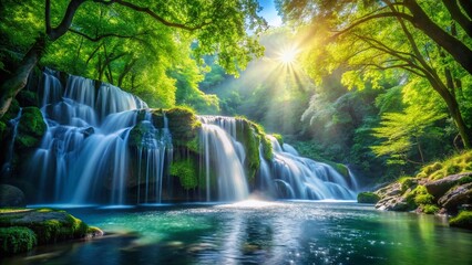 Lush Green Forest Waterfall, Blue Sky, Bokeh - Nature Stock Photo