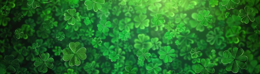 Green Patricks Day greeting banner with green clovers. Patrick's Day holiday design. Horizontal background, headers, posters, cards, website. Vector illustration. MZ 