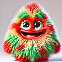 Fototapeta premium A 3D-rendered fluffy cartoon creature with a triangular-shaped body, bright red, green, and yellow fur, large glossy eyes, and an exaggerated cheerful expression. It has a playful and happy demeanor