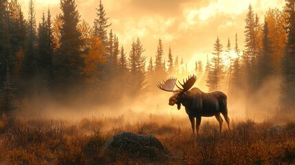 Moose at river sunset in jungle forest captivating nature scene with vibrant colors and serene atmosphere