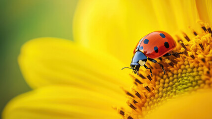 Fototapeta premium Close-Up of a Vibrant Ladybug Perched on a Bright Sunflower Petal, Showcasing the Beauty of Nature and Insect Interaction in a Sunny Garden Setting