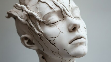 A close-up of a sculpted head with cracked surface, evoking a sense of fragility and beauty