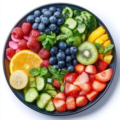 Vibrant rainbow fruit and vegetable platter with fresh berries citrus kiwi mango cucumber and mint leaves