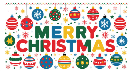 Merry Christmas typography with hanging ornaments and snowflakes vector design, Merry Christmas text with baubles and snowflake decorative element vector, Christmas day text design with hanging bauble