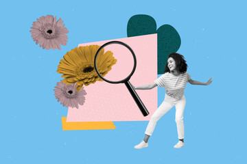 3d sketch poster trend collage of happy american girl hold magnifier lens zoom gerbera flower bloom...