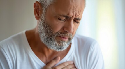 Obraz premium Portrait of senior man suffering from chest pain, possible heart attack or stroke