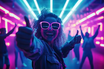 Joyful Young Woman in Neon Lights Celebrating with Thumbs Up
