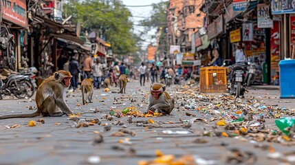 Monkeys scavenge for food on a cluttered street in a bustling, colorful Indian city