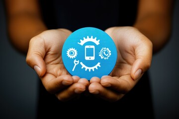Hands holding phone repair icon, studio background, tech support