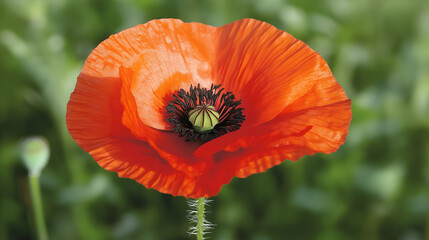 A single perfect red orange poppy blooming in a field.
