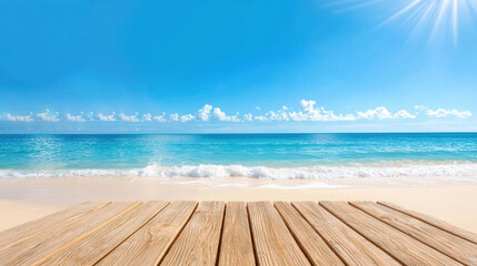 Fototapeta premium Sunset view of a tropical beach with a wooden pier stretching into the sea, summer getaway concept