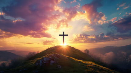 Stunning Sunset Over a Cross on a Hill Representing Hope, Faith, and Spirituality with Dramatic Skies and Vibrant Colors in the Background
