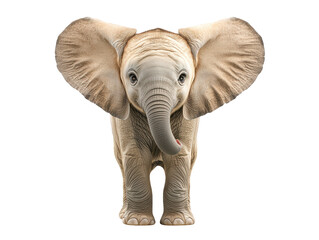 A young elephant stands upright, showcasing its large ears, trunk, and expressive eyes.