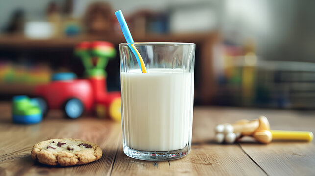 Glass of Milk with Straw and Cookie on Wooden Table in Playroom