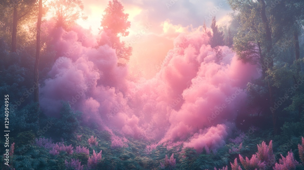 Poster radiant light filters through towering trees as fluffy pink clouds weave through a lush green forest
