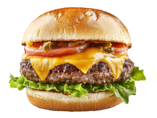 Juicy hamburger with a cheesy layer, fresh lettuce, and tomato, nestled between a golden, toasted bun.