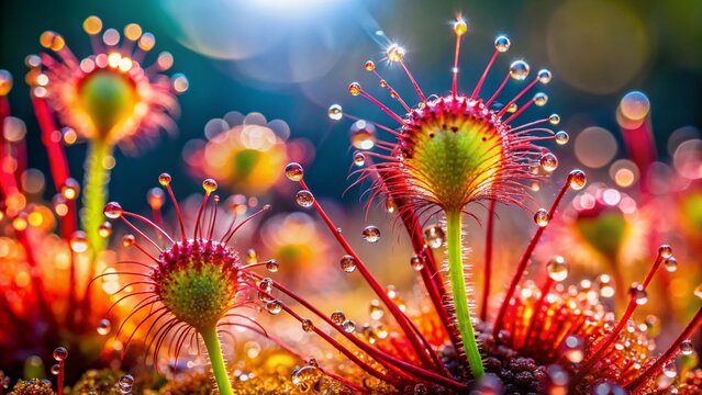Close-up of a Forked Sundew (Drosera binata) showcasing its vibrant red tentacles and glistening dew drops, against a blurred natural background.