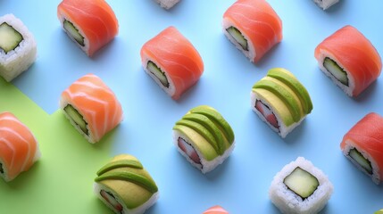 Obraz premium Flat Lay of Colorful Sushi Rolls with Avocado and Cucumber