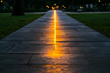 glowing pathway divides serene park, illuminated by soft lights
