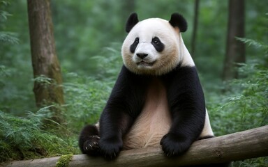 Fototapeta premium A beautiful panda calmly resting in the lush forest, surrounded by greenery