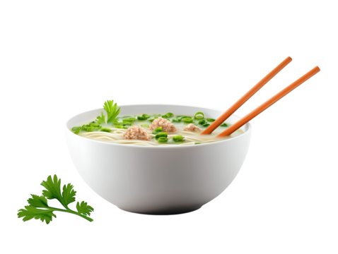 A bowl of noodles garnished with herbs and served with chopsticks.