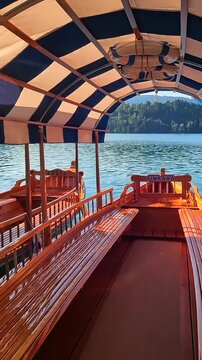 Wooden tourist boats moored at dock on lake bled in slovenia with bled island and iconic church in background and sun shining through canopy