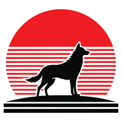 a dog howling at a giant sun with retro stripes vector