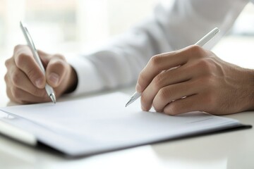 Hands signing document, office desk, sunlight