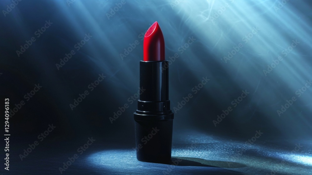 Poster a single bright red lipstick rests upright on a smooth surface illuminated by soft blue light rays, 