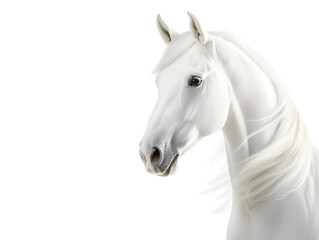 A majestic white horse with flowing mane stands against a black background, exuding elegance and grace.