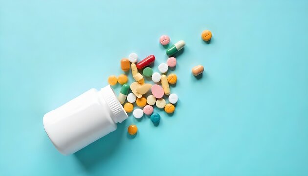 Una fotograf&iacute;a de estudio, vista desde arriba, presenta una variedad de p&iacute;ldoras y c&aacute;psulas esparcidas alrededor de un frasco de pastillas de pl&aacute;stico blanco abierto sobre un fondo azul claro