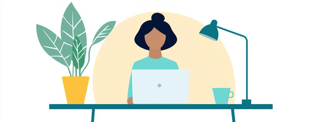 Freelancer working on laptop in cozy cafe, surrounded by plants and warm light