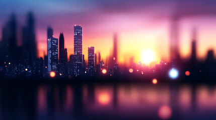 vibrant city skyline at sunset, showcasing futuristic architecture and glowing lights