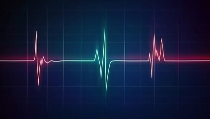 Cyan Heartbeat Line on Dark Blue Grid, Medical Background
