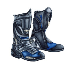 Pair of motorcycle boots. Moto footwear. Leg protection for biker. Moto gear. Watercolor illustration isolated from the background. For motorcycle clothing store, equipment store design. Road safety © Yulia Kapura