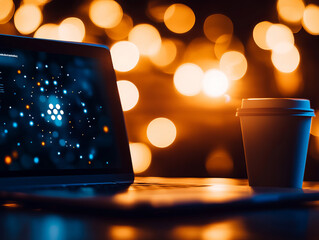 laptop displaying digital data with coffee cup in cozy setting