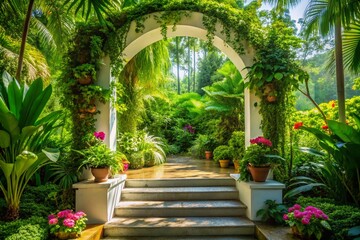 Fototapeta premium Lush Tropical Paradise: Elevated Green Platform with White Archway
