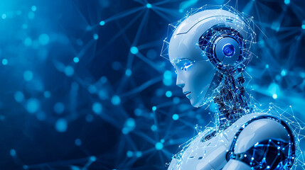 Humanoid robot with digital connections in smart environment, showcasing advanced technology and interaction