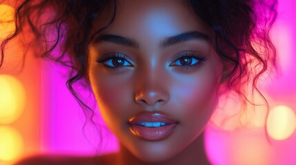 Obraz premium A woman with curly hair and glossy lips posing under vibrant neon lights in a colorful nightlife setting