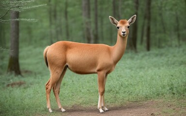 A beautiful vicu&ntilde;a grazing peacefully in the tranquil forest environment