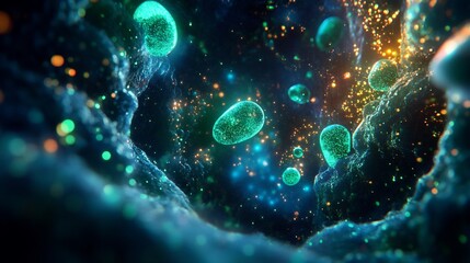 Illustration of gut health featuring probiotic action dynamic glowing bacteria simulated gut environment vibrant blue green hue cinematic dark background symmetrical alignment ultra detailed texture