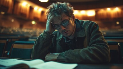 Fototapeta premium Reflecting on Long Day of Teaching Under Warm Lights , Exhausted University Professor in Empty Lecture Hall