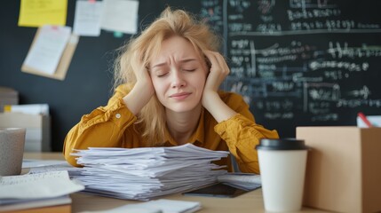 Overwhelmed High School Teacher Exhausted from Grading Papers and Coffee Break at Desk, Stress of Education Concept