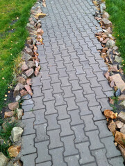 Top view of paving slabs, natural stone decoration along the edges