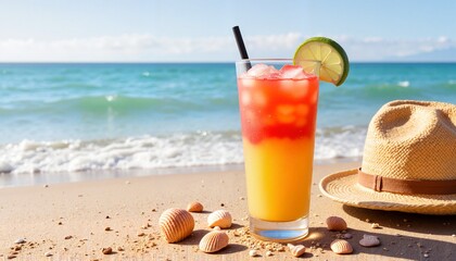 Obraz premium Refreshing tropical cocktail on sandy beach, summer relaxation