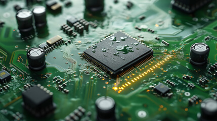 Green Chip Circuit Board with Water Drops