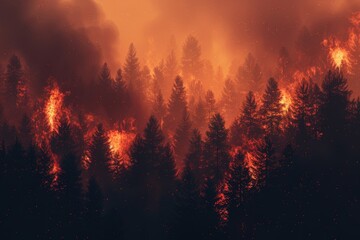 A dense forest engulfed in flames, creating a dramatic scene of destruction and smoke against an orange-tinted sky.